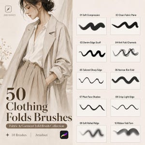 Könnte beinhalten: Ein digitales Pinselset mit dem Titel 50 Clothing Folds Brushes, das eine Illustration einer Person in beigem Mantel und Hose zeigt. Das Bild enthält zehn schwarze Strichproben, nummeriert von 01 bis 10, die verschiedene Stofffalten-Texturen darstellen.