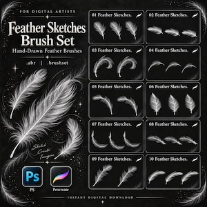 Op de afbeelding: Een digitale penseelset genaamd Feather Sketches Brush Set voor digitale kunstenaars, met tien genummerde panelen van witte, met de hand getekende veerillustraties op een zwarte achtergrond. Inclusief .abr en .brushset bestandsformaten.