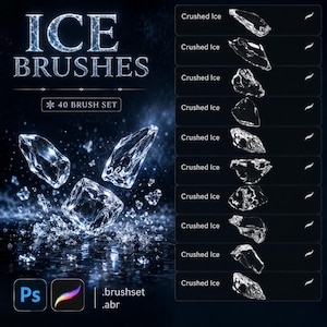 Puede incluir: Un conjunto de pinceles digitales titulado ICE BRUSHES 40 BRUSH SET que presenta varias formas de hielo picado. La imagen muestra diez iconos individuales de fragmentos de hielo etiquetados como Crushed Ice con símbolos de trazo sobre fondo azul.