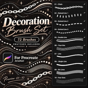 Può includere: Un set di pennelli per decorazione digitale per Procreate con 72 pennelli e campioni. Lo sfondo nero mostra elementi grafici bianchi tra cui catene, linee tratteggiate e varie linee numerate da 01 a 10 in un elenco.