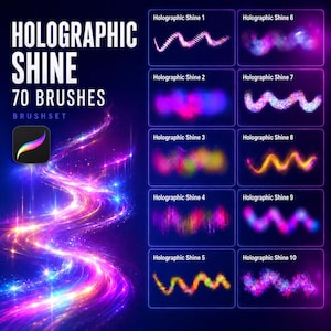 Puede incluir: Un conjunto de pinceles digitales titulado Holographic Shine 70 Brushes que incluye un icono de Procreate y diez muestras distintas de efectos de luz coloridos, brillantes y resplandecientes en patrones ondulados, nubosos y texturizados.