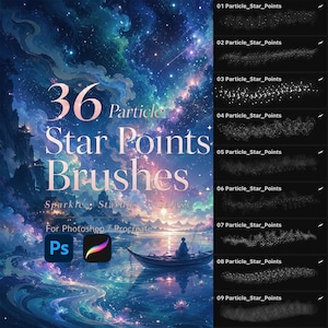 May include: A digital collection of 36 Particle Star Points Brushes for Photoshop and Procreate, featuring a vibrant galaxy illustration with a boat on water and a list of nine brush stroke previews labelled Particle_Star_Points on the right.