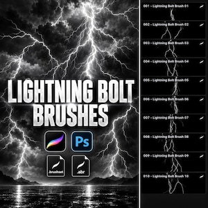May include: A digital set of lightning bolt brushes featuring ten distinct bolt designs. The graphic displays the text LIGHTNING BOLT BRUSHES over a stormy sky background with icons for Procreate and Photoshop file formats included.