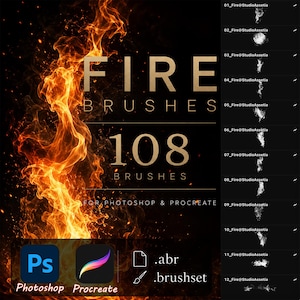 Puede incluir: Una colección digital de 108 pinceles de fuego para Photoshop y Procreate, con un gráfico de llamas grande a la izquierda y una lista vertical de vistas previas de trazos de pincel blancos a la derecha, etiquetados con texto como Fire Brushes.