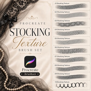 May include: A digital Procreate brush set titled Stocking Texture Brush Set, featuring ten distinct black stocking and lace patterns displayed in a vertical list, accompanied by a black bow, black tulle fabric, and a string of white pearls.