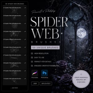 Procreate Photoshop Spider Web Brushes, 50 Gothic Cobweb Stamps (ABR BRUSHSET)