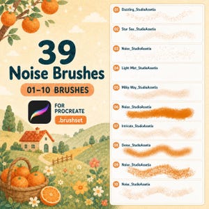 May include: A digital product display featuring 39 noise brushes for Procreate. The image shows a landscape with a house, orange trees, and a basket of oranges. A list of ten brush names is displayed on the right, including Dazzling_StudioAssetia.