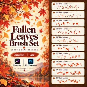 Op de afbeelding: Een digitale penseelset getiteld Fallen Leaves Brush Set met herfstbladontwerpen voor Procreate en Photoshop. De afbeelding toont tien verschillende penseelstreekpatronen, gelabeld van 01Fallen Leaves tot 10Fallen Leaves, tegen een achtergrond van rode en gele esdoorn- en ginkgobladeren boven een meerlandschap.