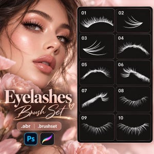 May include: A digital Eyelashes Brush Set for Photoshop and Procreate featuring ten distinct white lash styles on a black grid. The graphic includes text reading Eyelashes Brush Set, .abr, .brushset, Ps, and a colourful brush icon next to a face.