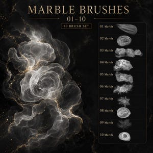 Puede incluir: Un conjunto gráfico digital titulado MARBLE BRUSHES 01-10, 80 BRUSH SET. La imagen muestra diez muestras de pinceladas con textura de mármol blanco sobre un fondo negro con detalles dorados, etiquetadas del 01 Marble al 10 Marble en una lista.