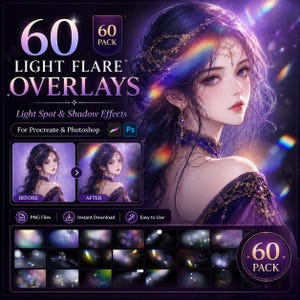 60種類のライトフレアオーバーレイ、ドリーミーなボケ効果、グローエフェクト（デジタルダウンロード）
