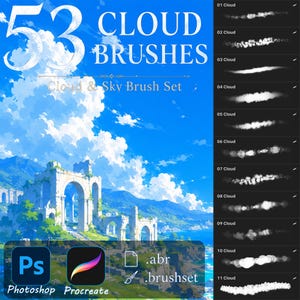 May include: A digital art asset set titled 53 Cloud Brushes Cloud & Sky Brush Set, featuring a landscape illustration of stone ruins under a blue sky with clouds. The right side displays a list of brush strokes labelled 01 Cloud through 11 Cloud.