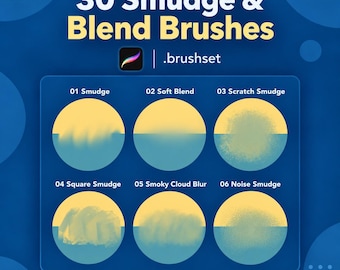May include: A digital graphic displaying 30 Smudge & Blend Brushes for Procreate in a .brushset format. The image features six circular samples labeled 01 Smudge, 02 Soft Blend, 03 Scratch Smudge, 04 Square Smudge, 05 Smoky Cloud Blur, and 06 Noise Smudge.