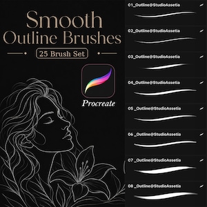 Puede incluir: Un conjunto de pinceles digitales para Procreate titulado Smooth Outline Brushes 25 Brush Set. La imagen muestra un fondo negro con una ilustración de líneas blancas de una persona y una flor, junto a una lista de ocho ejemplos de trazos.