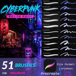 Puede incluir: Un paquete de pinceles digitales para Procreate titulado Cyberpunk Brush Pack, que contiene 51 pinceles en formato .brushset. La imagen muestra diez variaciones de líneas blancas brillantes de estilo fluorescente sobre un fondo oscuro y una escena urbana cyberpunk.