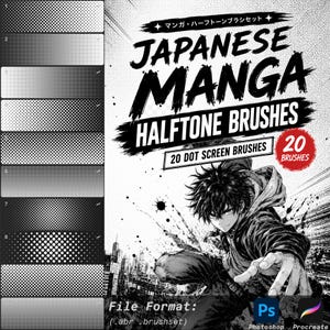以下が含まれることがあります： 20種類のドットスクリーンブラシを含むJapanese Manga Halftone Brushesのデジタルアセットパック。画像には、手を伸ばすキャラクターの白黒イラストと、Japanese Manga Halftone BrushesおよびFile Format .abr .brushsetというテキストが表示されています。