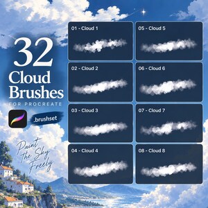 Op de afbeelding: Een digitale collectie van 32 wolkenpenselen voor Procreate, met een raster van acht verschillende witte wolkenvoorbeelden op een donkerblauwe achtergrond. De tekst luidt 32 Cloud Brushes for Procreate, .brushset en Paint the Sky Freely.