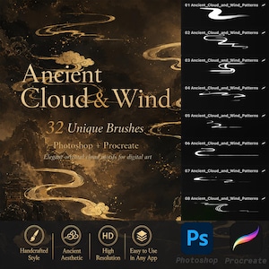 May include: A digital product display featuring the text Ancient Cloud & Wind 32 Unique Brushes Photoshop + Procreate. The background shows gold-toned cloud and wind motifs on a dark surface. A sidebar lists eight brush patterns in white.