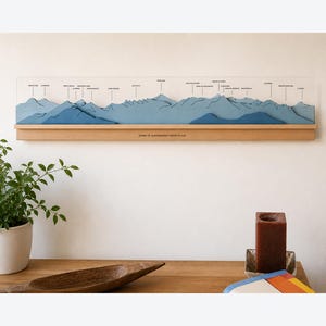 Puede incluir: Un mapa en relieve de pared, largo y horizontal, de la sierra de Guadarrama. Los picos de madera azul superpuestos están fijados sobre un panel de acrílico transparente con etiquetas de texto negras. Se apoya sobre una base de madera clara.