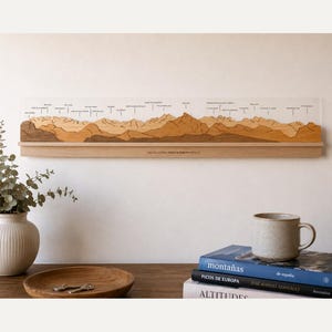 Puede incluir: Una pieza de arte mural horizontal de madera que representa la cordillera de los Picos de Europa en capas de tonos de madera claros y oscuros. Un panel acrílico transparente sobre la madera muestra etiquetas impresas para cada pico sobre una base.