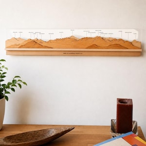 Puede incluir: Una pieza de arte mural horizontal de madera que representa un relieve montañoso. La talla de madera marrón claro presenta líneas grabadas y etiquetas que señalan picos específicos. El texto "SIERRA DE GUADARRAMA VERTIENTE SUR" aparece en la base.