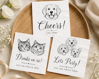 Custom Pet Portrait Napkins, Personalized Dog Cat Cocktail Napkins, Wedding Bar Favors