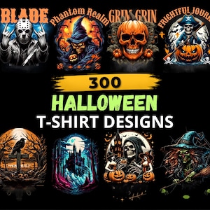 May include: A collection of 300 Halloween t-shirt designs featuring various horror-themed illustrations including a hockey-masked figure, a skull, a pirate skeleton in a pumpkin, a crow on a cross, a dark castle, and a witch with a broomstick.