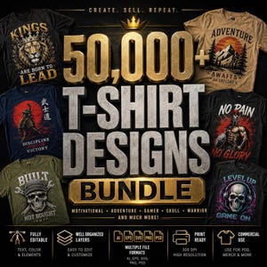 Op de afbeelding: Een digitale collectie van 50.000 t-shirtontwerpen met diverse grafische thema's, waaronder een leeuw, berglandschap, samoerai, schedel met moersleutels en een schedel met een koptelefoon. De tekst luidt 50,000+ T-SHIRT DESIGNS BUNDLE.