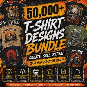 Op de afbeelding: Een digitaal pakket van 50.000 t-shirtontwerpen met diverse grafische thema's, waaronder leeuwen, schedels, bergen en krijgers. De promotieafbeelding toont meerdere voorbeelden van shirts met tekstoverlays zoals KINGS ARE BORN TO LEAD.