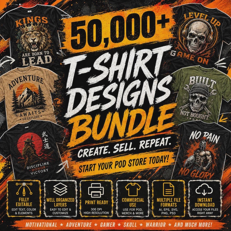 Op de afbeelding: Een digitaal pakket van 50.000 t-shirtontwerpen met diverse grafische thema's, waaronder leeuwen, schedels, bergen en krijgers. De promotieafbeelding toont meerdere voorbeelden van shirts met tekstoverlays zoals KINGS ARE BORN TO LEAD.