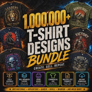 Bundel met 1 miljoen T-shirtontwerpen (PNG, SVG, EPS, AI, PSD), bewerkbare sublimatiebundel, trendy T-shirtontwerpen, digitale download voor commercieel gebruik.