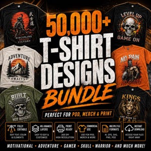 Op de afbeelding: Een digitale grafische weergave met de tekst 50,000+ T-SHIRT DESIGNS BUNDLE en diverse voorbeelden van t-shirts, waaronder een samoerai, een schedel met koptelefoon, een berglandschap, een krijger, een schedel met moersleutels en een leeuw met kroon.