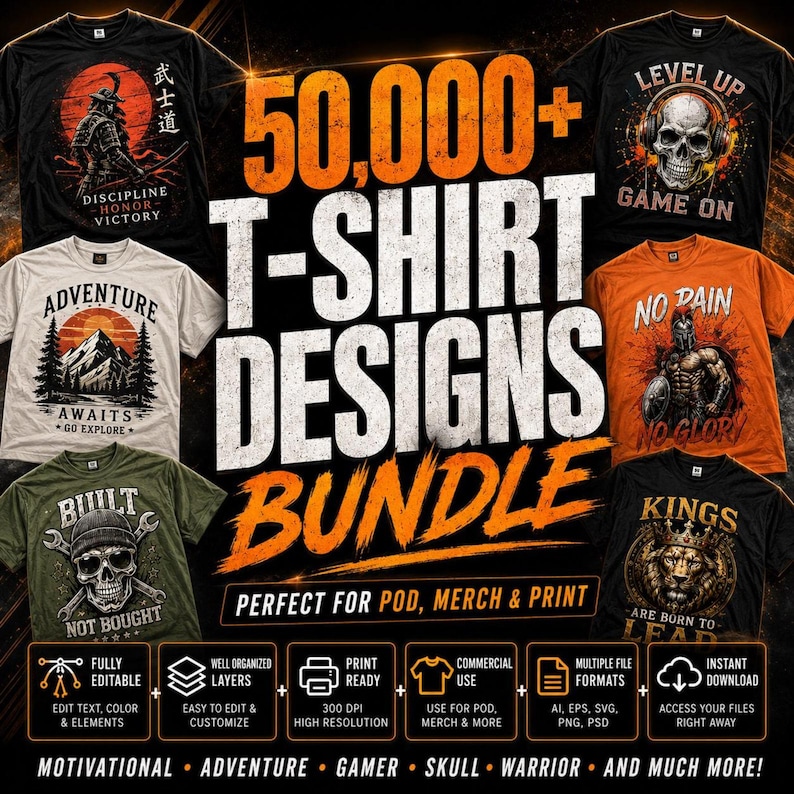 Op de afbeelding: Een digitale grafische weergave met de tekst 50,000+ T-SHIRT DESIGNS BUNDLE en diverse voorbeelden van t-shirts, waaronder een samoerai, een schedel met koptelefoon, een berglandschap, een krijger, een schedel met moersleutels en een leeuw met kroon.