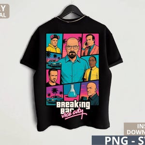 May include: A black t-shirt featuring a colorful graphic print of characters and elements from the show Breaking Bad in a retro video game style. The design includes a central figure, various portraits, cars, a flask, and the text Breaking Bad Vice City.