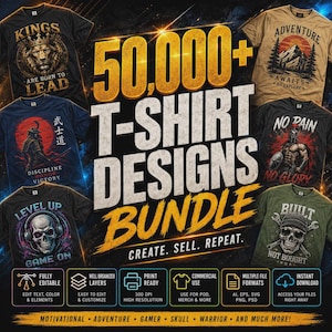 Op de afbeelding: Een digitaal pakket van 50.000+ t-shirtontwerpen met diverse grafische thema's zoals leeuwen, bergen, samoerai en schedels. De afbeelding toont meerdere t-shirtmodellen met tekst, iconen voor bestandskenmerken en de tekst 50,000+ T-SHIRT DESIGNS BUNDLE.