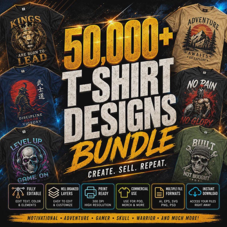 Op de afbeelding: Een digitaal pakket van 50.000+ t-shirtontwerpen met diverse grafische thema's zoals leeuwen, bergen, samoerai en schedels. De afbeelding toont meerdere t-shirtmodellen met tekst, iconen voor bestandskenmerken en de tekst 50,000+ T-SHIRT DESIGNS BUNDLE.