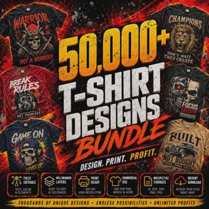 Op de afbeelding: Een digitale collectie van 50.000+ t-shirtontwerpen met diverse grafische thema's, waaronder een samoerai, een leeuw, een gasmasker, een schedel met koptelefoon, een robotschedel en een oldtimer, met tekstoverlays en iconen voor bestandsformaten.