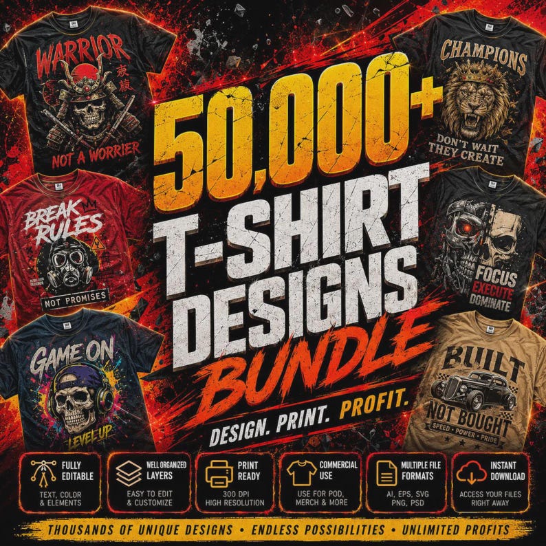 Op de afbeelding: Een digitale collectie van 50.000+ t-shirtontwerpen met diverse grafische thema's, waaronder een samoerai, een leeuw, een gasmasker, een schedel met koptelefoon, een robotschedel en een oldtimer, met tekstoverlays en iconen voor bestandsformaten.
