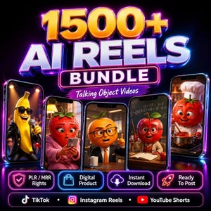 May include: A digital bundle of 1500+ AI Reels featuring talking objects. The graphic displays five smartphones showing animated characters: a banana with a microphone, a strawberry, an orange in a suit, an apple, and a tomato chef. Text includes PLR/MRR Rights, Digital Product, Instant Download, Ready To Post, TikTok, Instagram Reels, and YouTube Shorts.