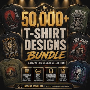 Op de afbeelding: Een digitaal pakket van 50.000+ t-shirtontwerpen met diverse grafische prints, waaronder een samoerai, een schedel met moersleutels, een leeuw, een spartaanse krijger, een berglandschap en een gamingschedel, inclusief iconen voor commercieel gebruik.