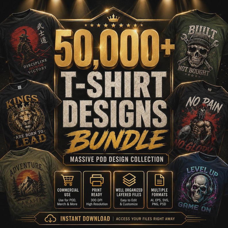 Op de afbeelding: Een digitaal pakket van 50.000+ t-shirtontwerpen met diverse grafische prints, waaronder een samoerai, een schedel met moersleutels, een leeuw, een spartaanse krijger, een berglandschap en een gamingschedel, inclusief iconen voor commercieel gebruik.