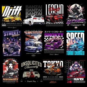 Può includere: Una collezione di dodici design grafici con varie auto sportive, temi di corse su strada e motivi di ispirazione giapponese. Ogni design include testo stilizzato come Hyper Drift, Banzai, Legend, Kaze, Street Odyssey, Substitute, Smokey, Speed, Performance, Unsolicited Necessary, Tokyo e Speed Hunter.