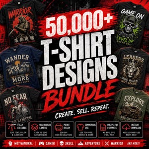 Op de afbeelding: Een digitaal pakket van 50.000+ t-shirtontwerpen met diverse grafische thema's, waaronder krijgers, schedels, landschappen en voertuigen. De promotieafbeelding toont meerdere t-shirtvoorbeelden met tekstoverlays en iconen die functies aangeven zoals bewerkbare lagen, printklare bestanden en commercieel gebruik.