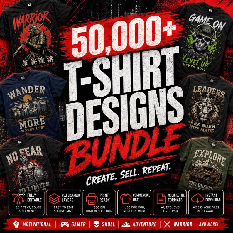 Op de afbeelding: Een digitaal pakket van 50.000+ t-shirtontwerpen met diverse grafische thema's, waaronder krijgers, schedels, landschappen en voertuigen. De promotieafbeelding toont meerdere t-shirtvoorbeelden met tekstoverlays en iconen die functies aangeven zoals bewerkbare lagen, printklare bestanden en commercieel gebruik.