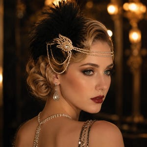 May include: A gold-toned headpiece featuring a decorative fan-shaped element adorned with clear crystals, multiple draped crystal chains, and a black feather accent. The accessory is paired with a matching crystal drop earring and a crystal necklace.
