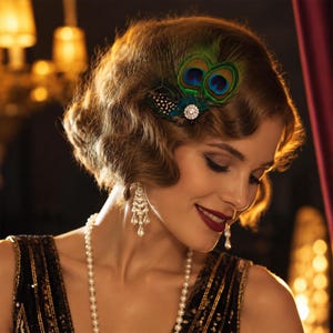 May include: A hair accessory featuring iridescent peacock feathers and a central circular rhinestone embellishment. The piece is styled with wavy hair, paired with long, multi-tiered pearl drop earrings and a long strand of white pearl beads.