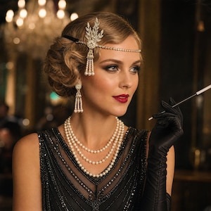 May include: A gold-toned headpiece featuring a crystal-encrusted leaf design and a delicate chain, paired with matching drop earrings and a three-strand pearl necklace. The set is worn with a black sleeveless dress and long black satin gloves.