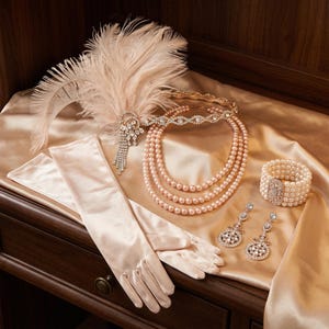 May include: A set of accessories including a pale pink feather headpiece with crystal accents, a three-strand pearl necklace, a wide pearl bracelet with a central crystal clasp, a pair of long satin gloves, and two dangling crystal earrings.