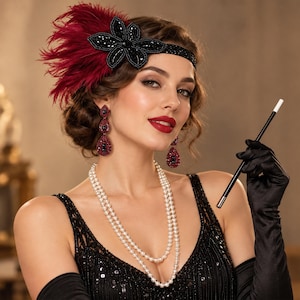1920s Flapper Costume Set, Feather Headband, Pearl Necklace, Gloves, Earrings, Party Accessories,Vintage Party Look