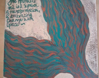 Teal Bronze Handpainted Mermaid Tail Art with Quote, Ready to display Easel Included